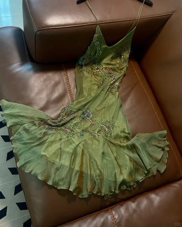 Retro Green Mermaid Spaghetti Strap Exquisite Beaded Chiffon Prom Dress Party Dress HZ1023